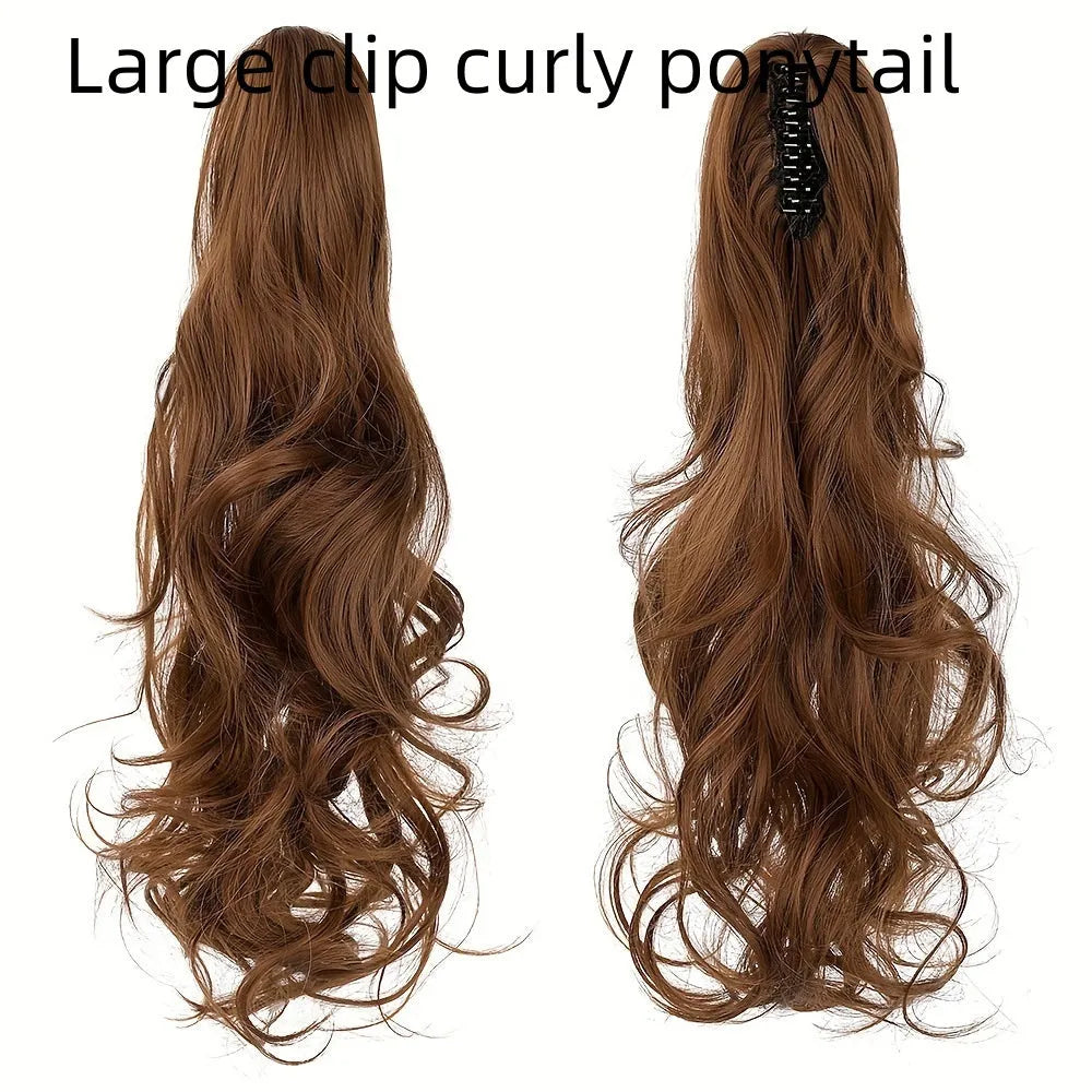 Curly high ponytail wig with big hair claw in black, 50 cm long synthetic fibre