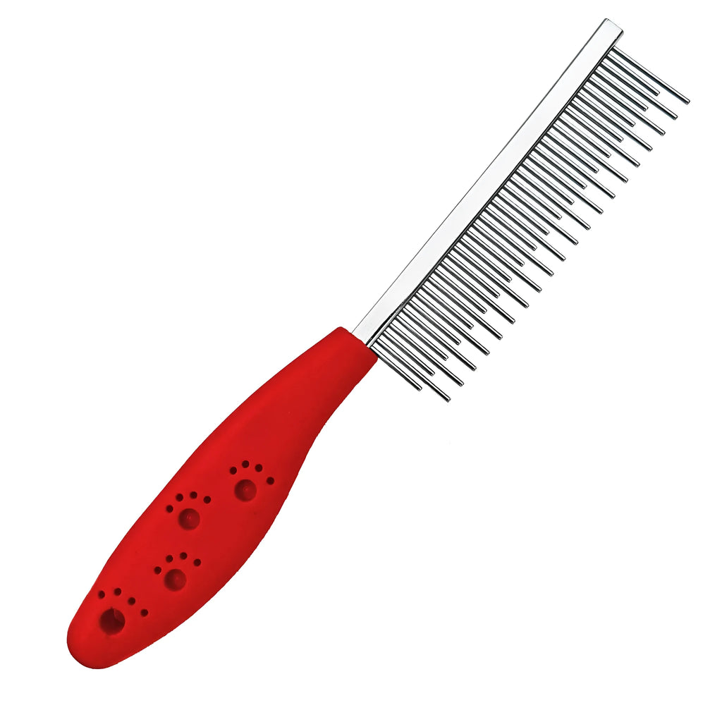 Red pet grooming comb with stainless steel short and long teeth for dematting tangles on dogs and cats