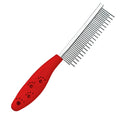 Red pet grooming comb with stainless steel short and long teeth for dematting tangles on dogs and cats