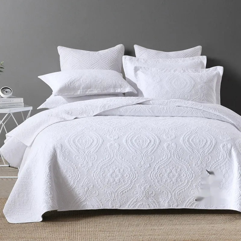 Pure cotton bed cover three-piece set showing bedspread-style design with solid colour pattern