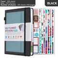 Creative undated notebook with PU cover in six colours, showing thread binding and planning stickers