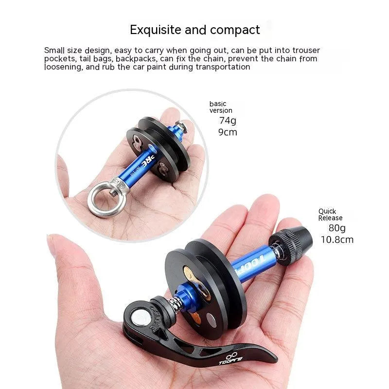 Aluminium bicycle chain holder tool for washing and tensioning, showing three version options.