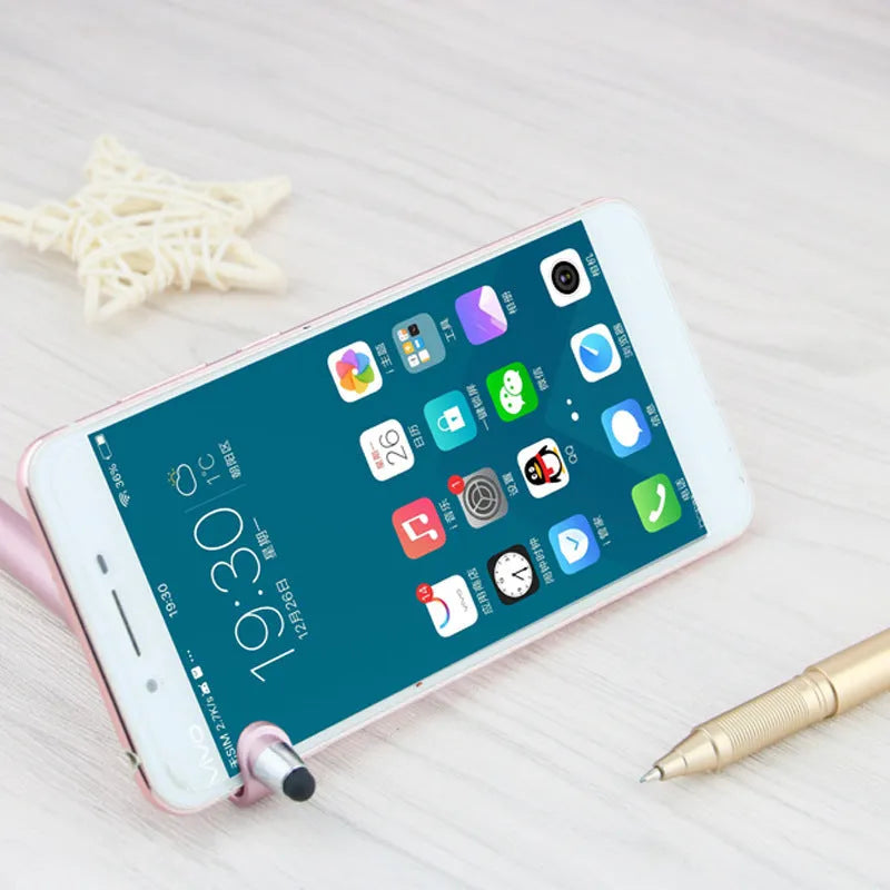 Multifunctional plastic pen with stylus tip and built-in mobile phone holder in black or blue.