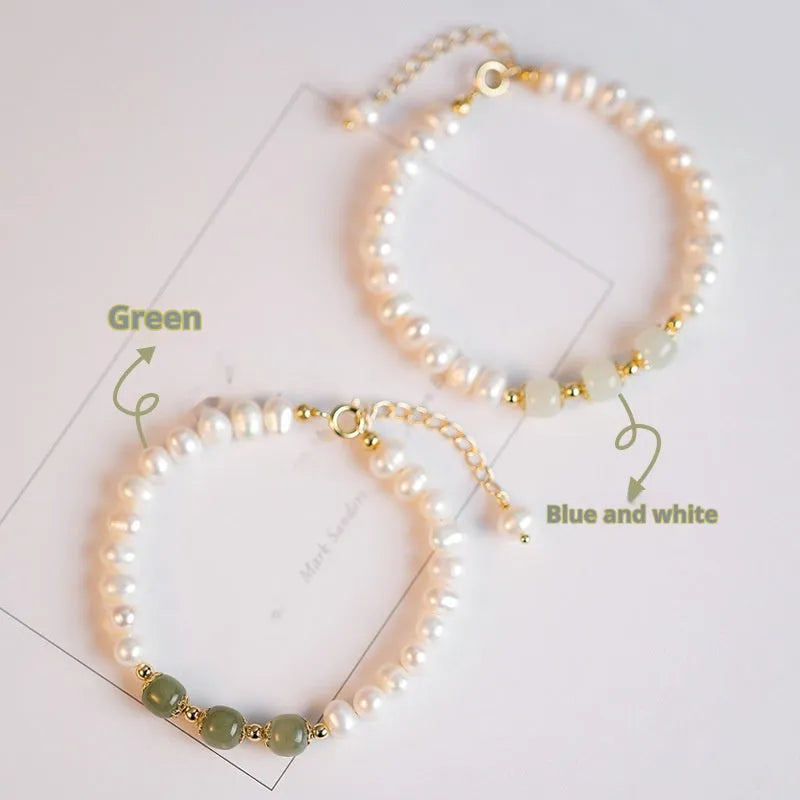 Korean style freshwater pearl bracelet in diamond shape, electroplated in Hetian jade colour.