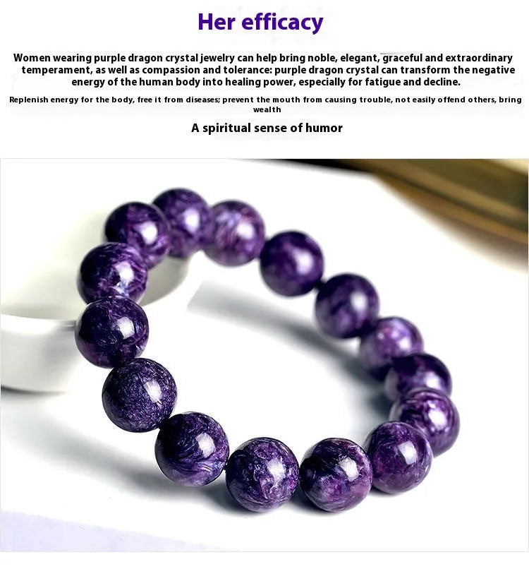 Purple charoite gemstone beaded bracelet with a platinum clasp.
