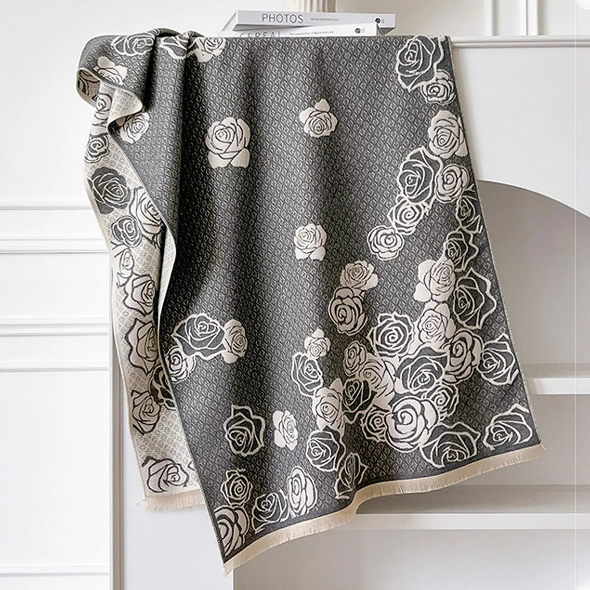 Mid-length 185x65cm imitation cashmere scarf with tassels in grey, black, blue, or khaki colours