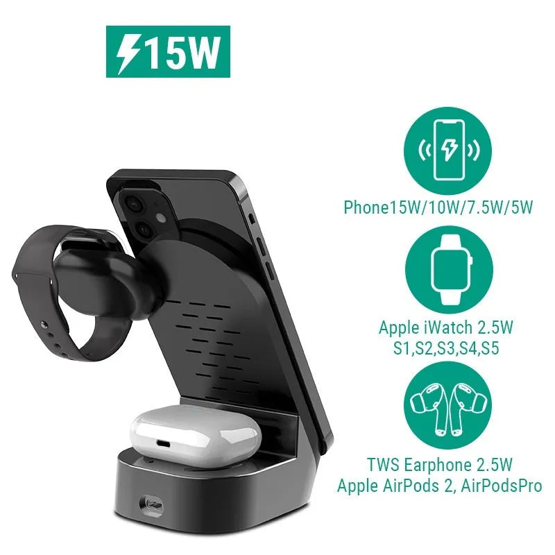 Black grey foldable 3-in-1 wireless charging stand with phone upright, watch and earbuds on pads.