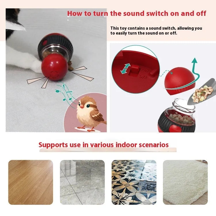 Plastic rotating funny cat sound food dropping ball toy on a white background.