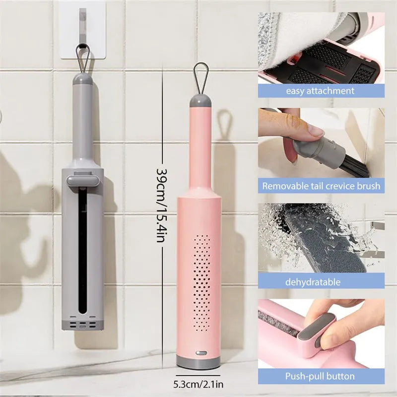 Rotatable self-squeeze mini floor mop with crevice brush and microfiber pads in pink, grey, or white