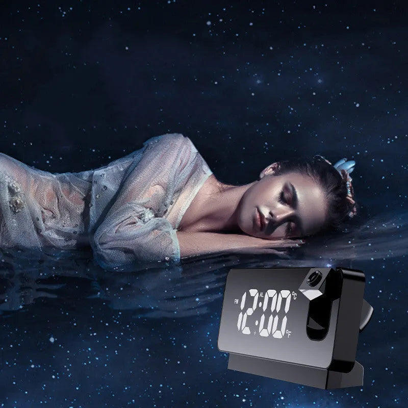 Rectangle 6-inch LED projection alarm clock with plastic mirror display on desk