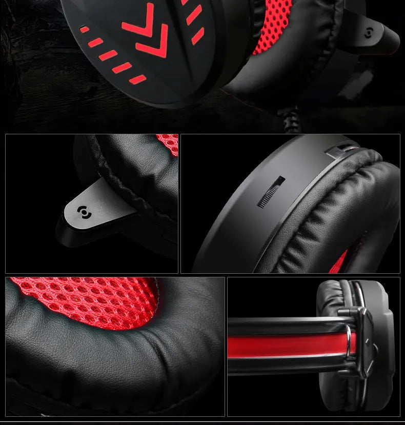 Black luminous wired gaming headset with microphone and over-ear cups for PC.