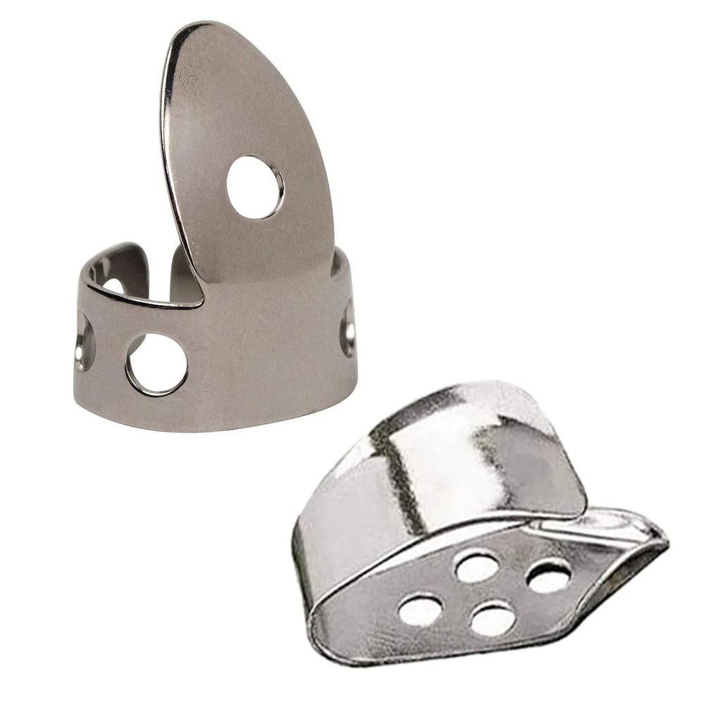 Four metal guitar finger stalls with silver tone finish for musical instrument playing