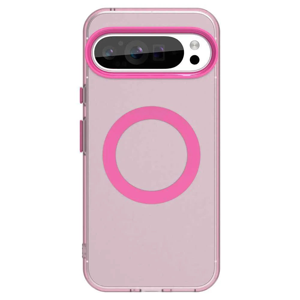 Frosted protective phone case for Google Pixel 9 series with magnetic charging feature and coloured edges.
