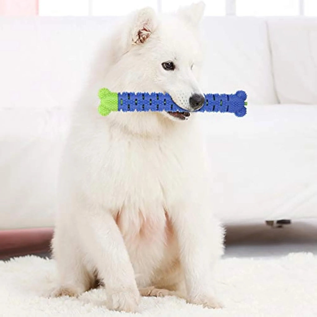 Blue and green silicone dog dental chew toy with textured brush head for teeth cleaning.