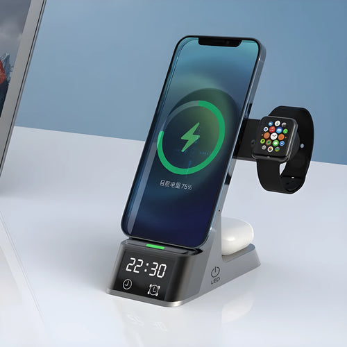 Black multifunctional wireless charging alarm clock dock for phone, Apple Watch, and earbuds.