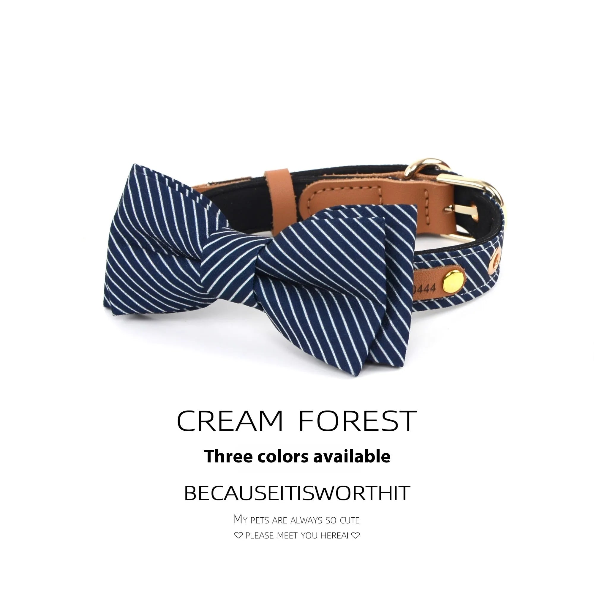 Soft cotton dog collar with detachable bow shown in dark blue, wine red, and white colour options.
