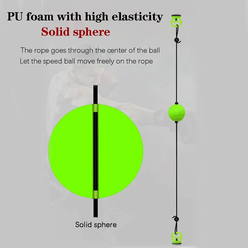 Green PU suction cup suspended boxing speed ball hanging from a suction cup mount for reflex training.