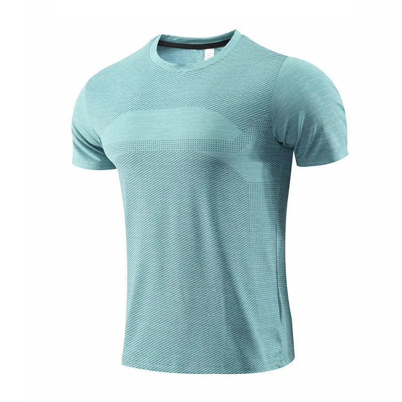 A short-sleeved red polyester spandex sports T-shirt laid flat, designed for running and workouts.