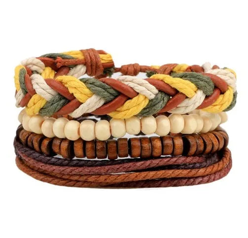 Handmade brown leather wrap bracelet with wooden beads and braided cord on a wrist.