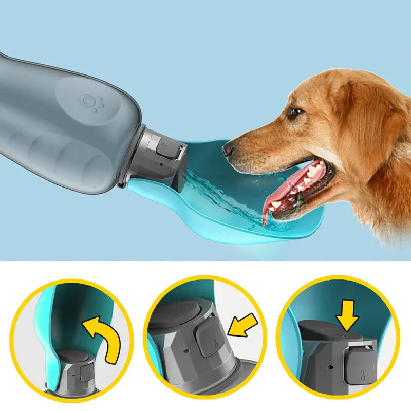 Blue-grey portable dog water bottle with foldable drinking bowl showing 800ml capacity markings