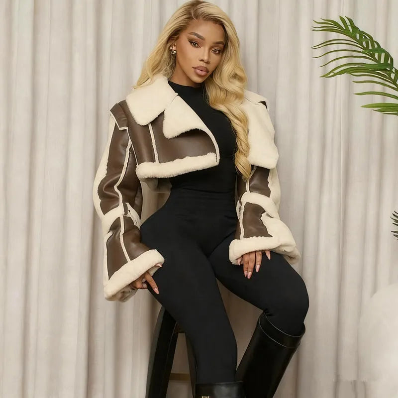 PU leather patchwork crop top with fur collar, long sleeves, in black, brown, military green, or khaki