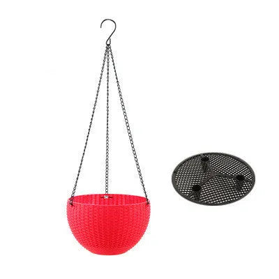 Plastic hanging basket planter with inner pot and metal chain, shown in green colour.