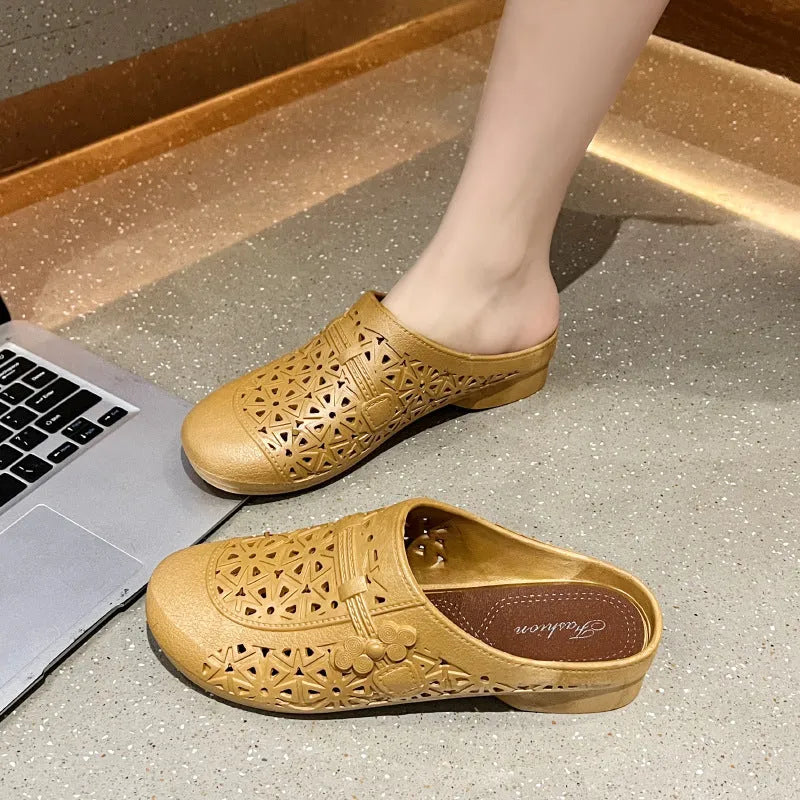 PVC flat toe box slippers with hollow-out pattern in apricot colour