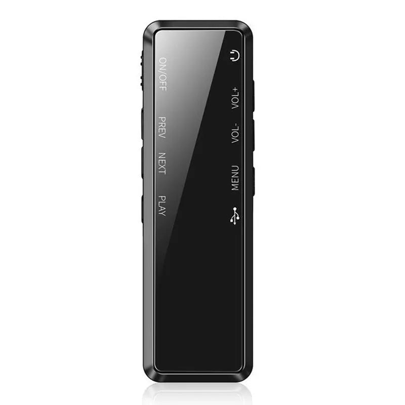 Black zinc alloy U disk voice recorder and MP3 player showing LCD screen and USB connector.