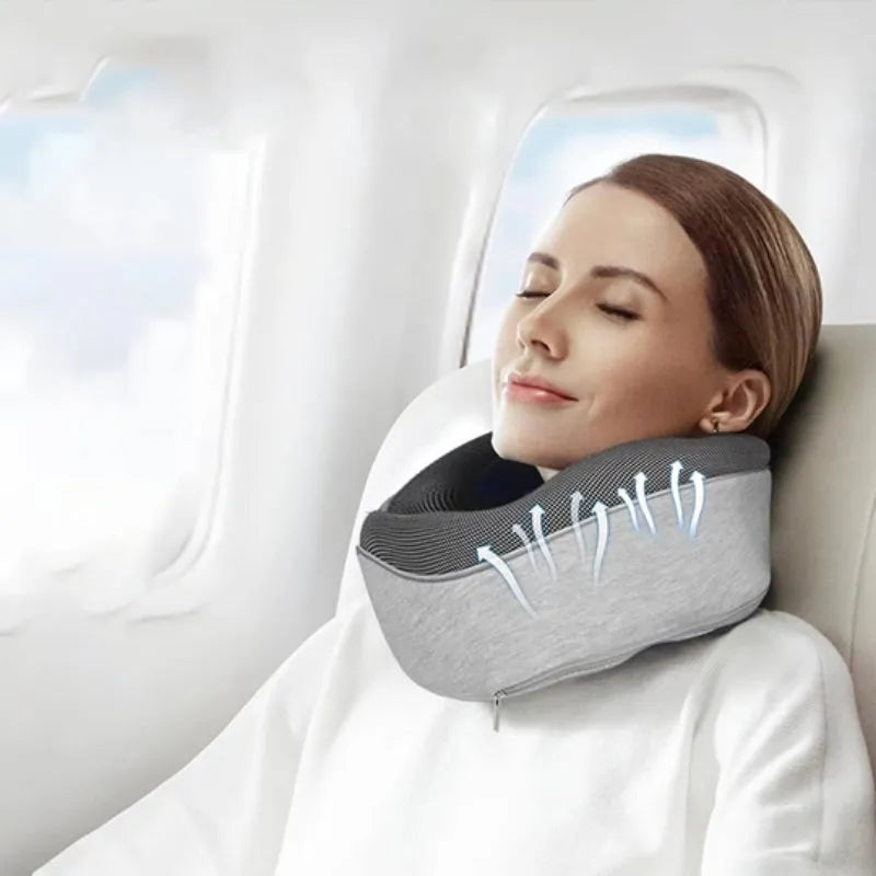 Memory foam U-shaped travel neck pillow in navy blue with buckle closure