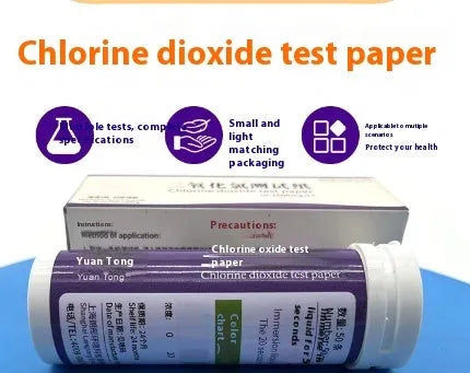 Bottle of 50 chlorine dioxide test paper strips for wastewater concentration detection.