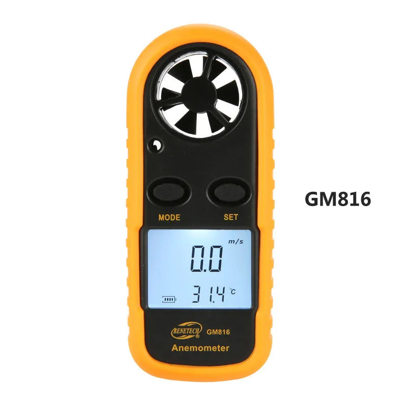Orange digital portable anemometer wind speed measuring instrument showing compact size.