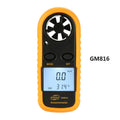 Orange digital portable anemometer wind speed measuring instrument showing compact size.