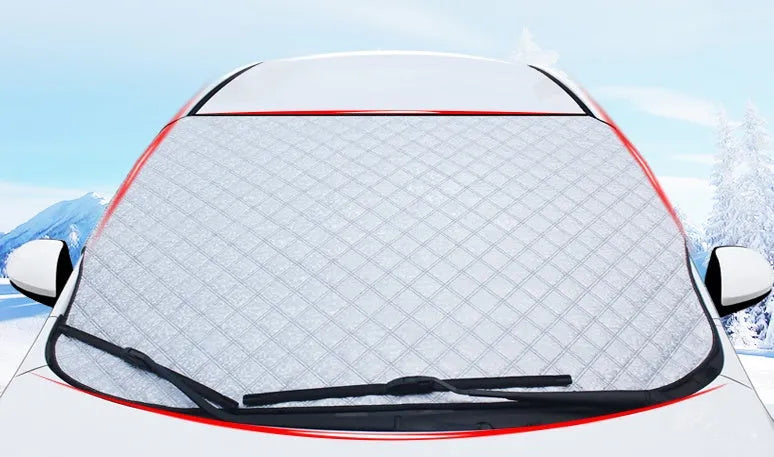 Car snow block front windshield cover in aluminized film, external anti-theft model, sizes 100x147C and 143X93.