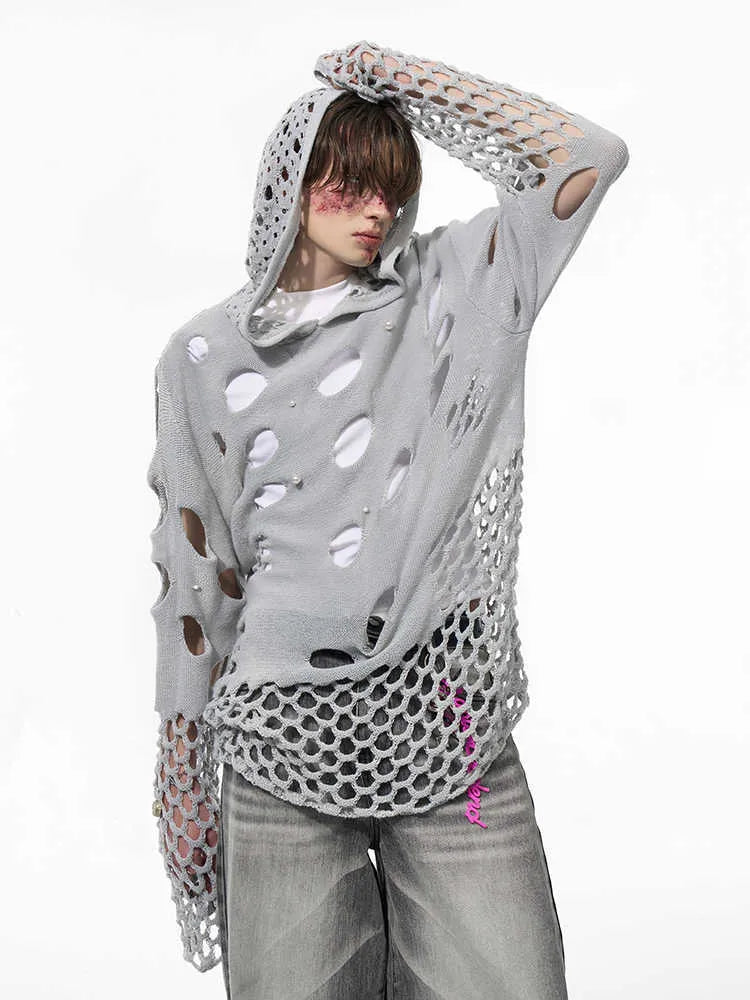 Black men's loose-fit hollow knit hoodie with a pullover design and pearl-like buttons on the hood.
