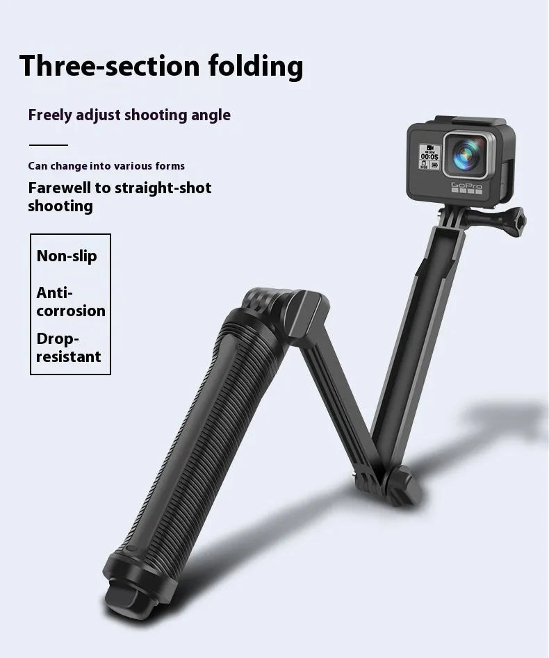 Black portable folding tripod for GoPro action cameras with collapsed storage design