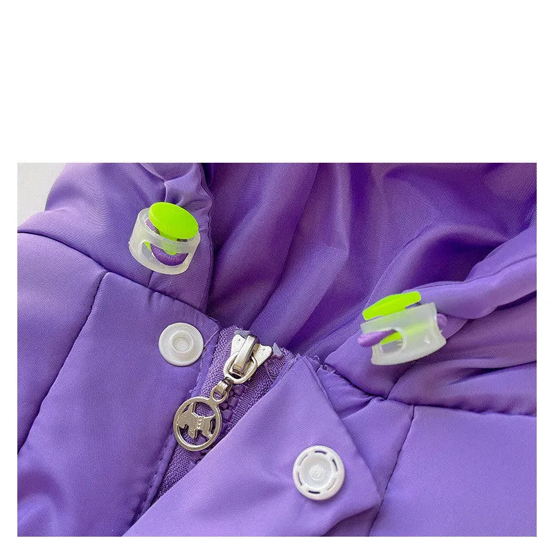 Purple printed pet winter cotton coat for dogs in sizes L to XXXL on a white background