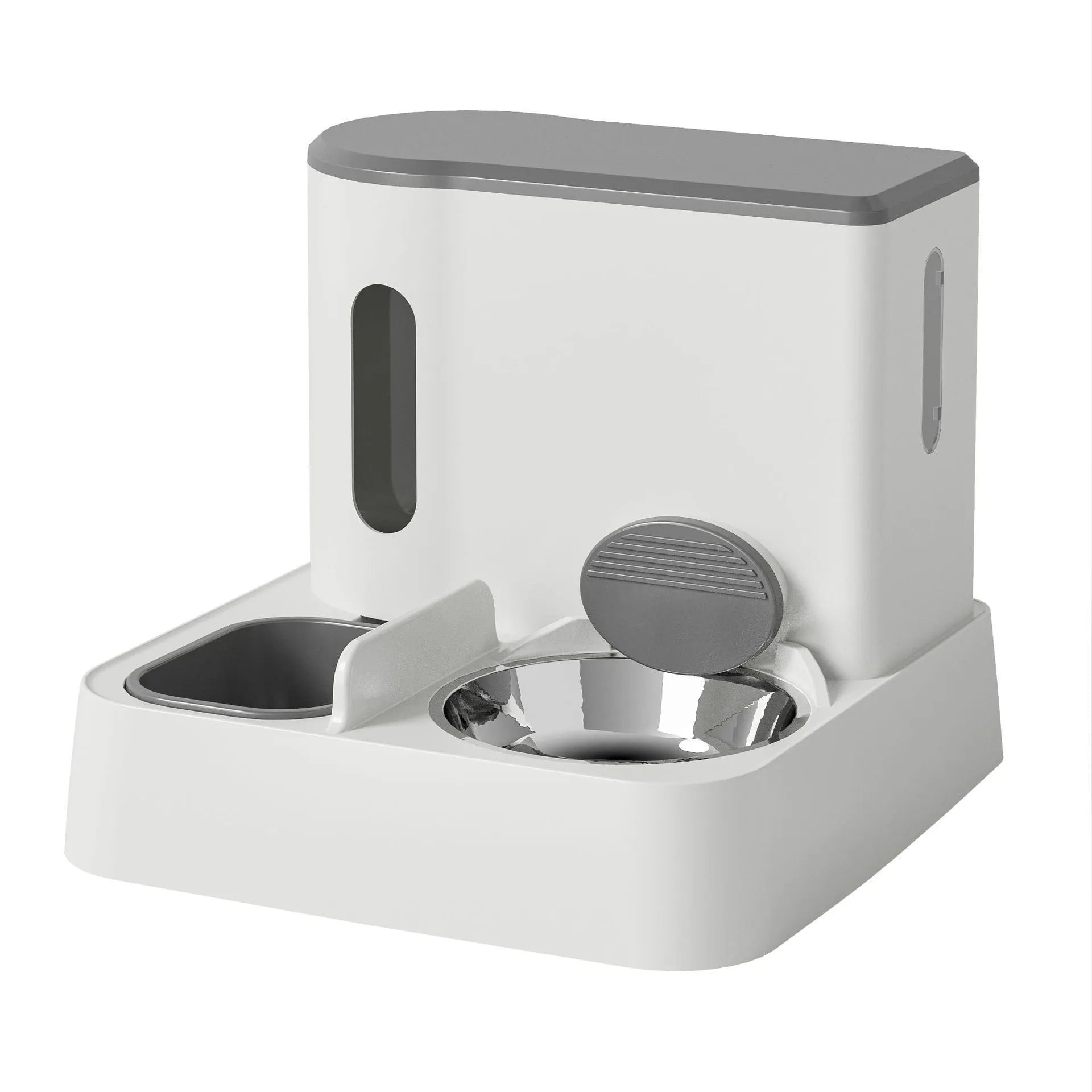 Grey cat automatic pet feeder with integrated double bowl water dispenser