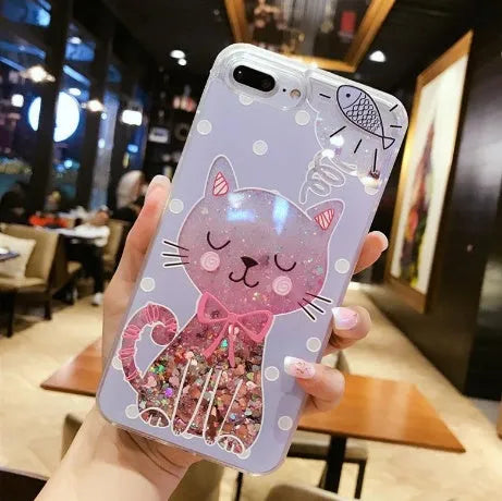 Set of four colourful glitter cat design phone cases for Apple iPhone models.
