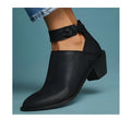 Women's cut out booties with buckle strap and back zipper in black, side view showing vintage round toe and 3-5cm heel