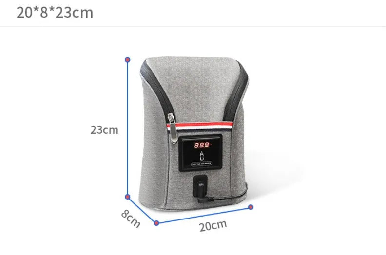 Grey Oxford cloth car USB baby bottle warmer showing temperature display and dual bottle capacity