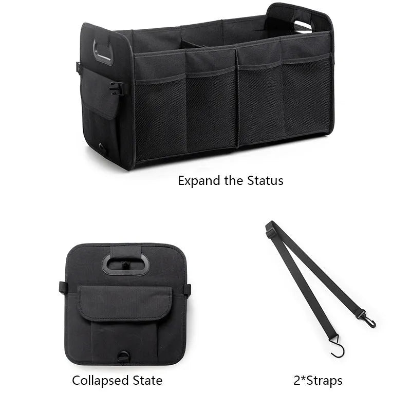 Foldable multi-compartment fabric car trunk storage box in black with a handle.