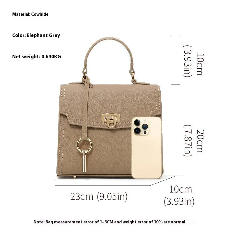 Elephant grey genuine leather women's handbag with vintage lock and structured square design