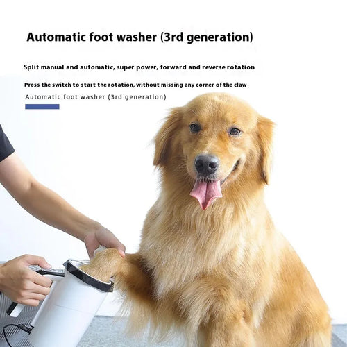 Automatic USB rechargeable dog foot washing cup with silicone scrubbers in white and blue colour.