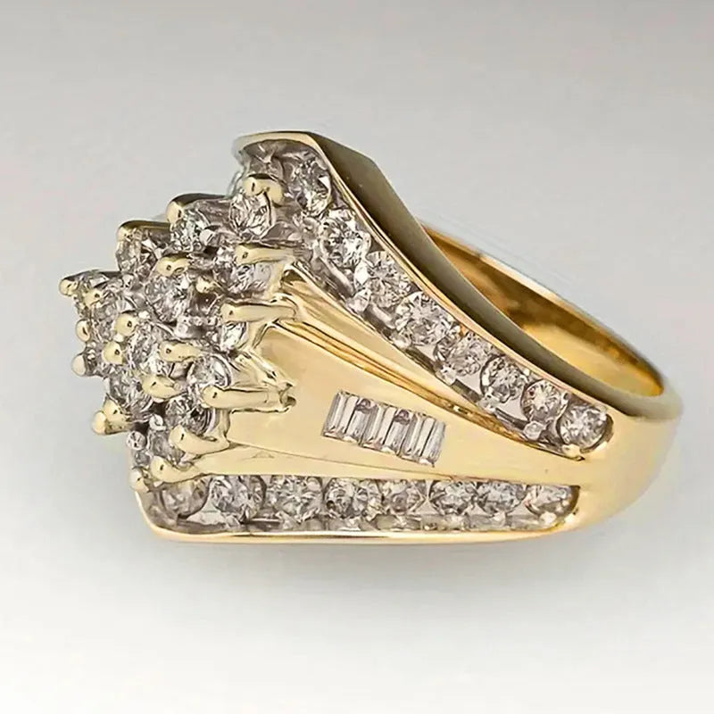 Geometric copper fashion ring with electroplated gold finish and sweet palace style elements