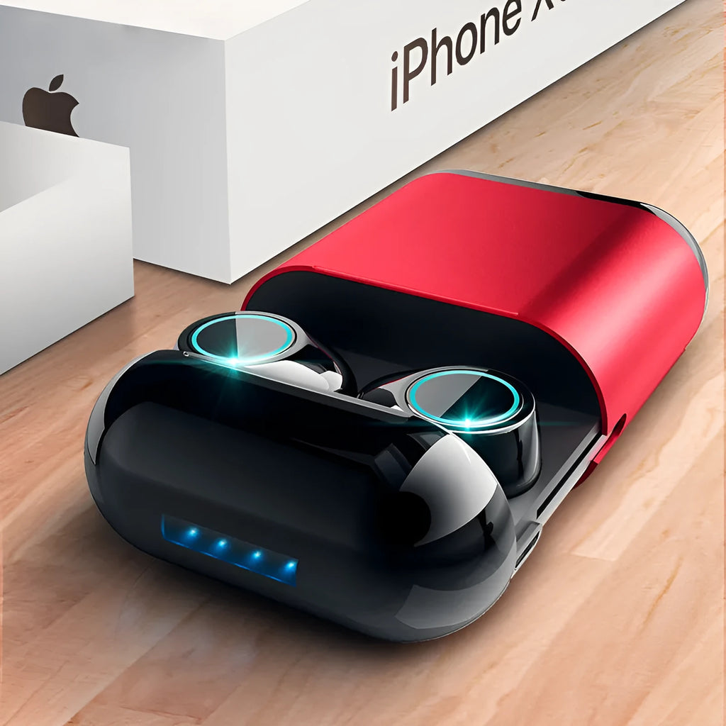 Black, gold, and light grey Bluetooth TWS wireless earphones with charging case.