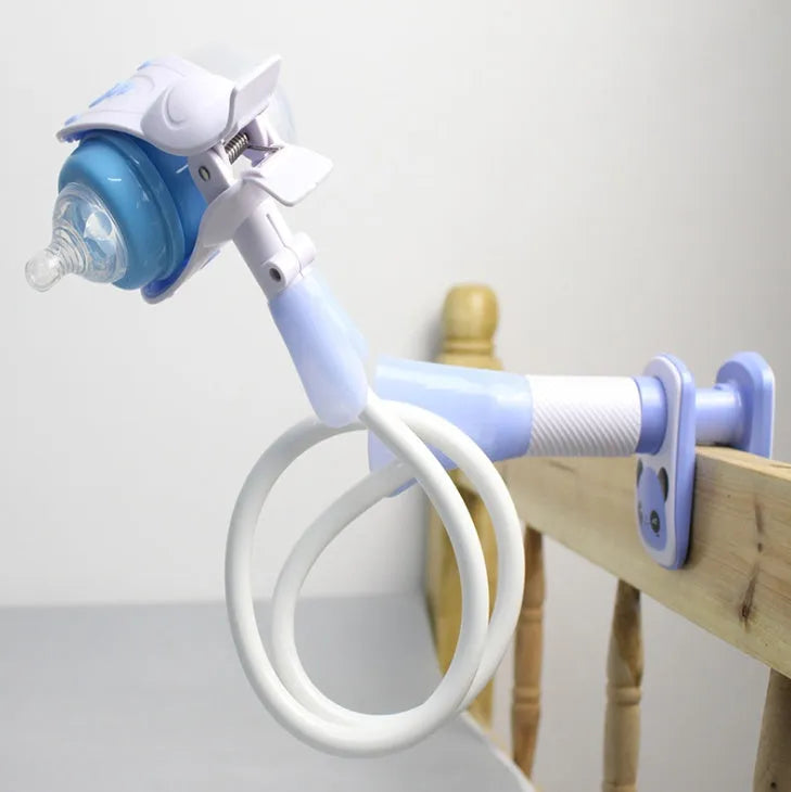 Blue extendable feeding bracket for nursing mothers showing adjustable extension mechanism