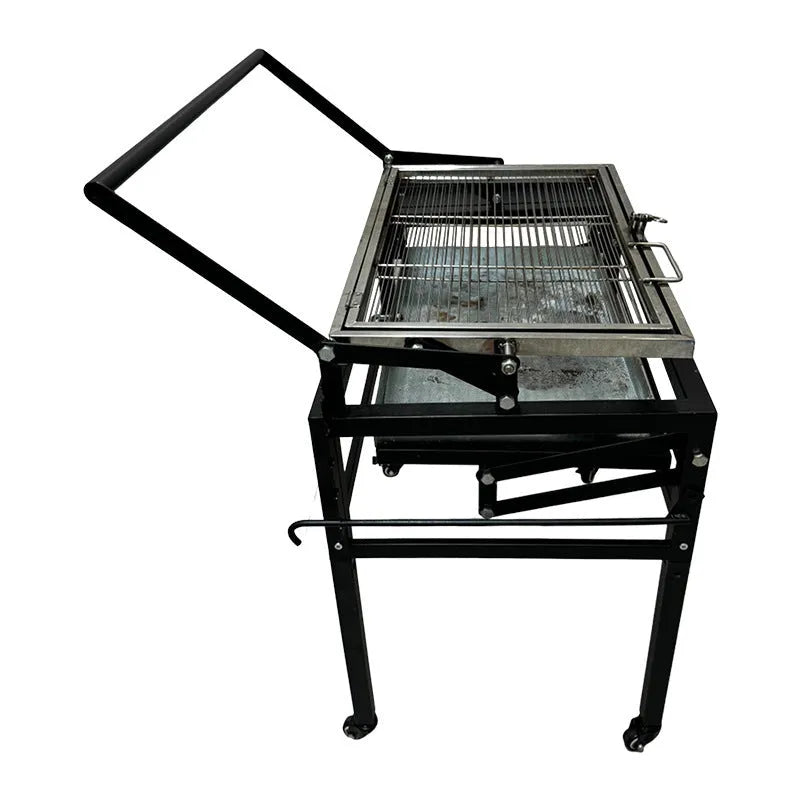 Foldable charcoal BBQ stove with detachable frame and adjustable legs for outdoor cooking.