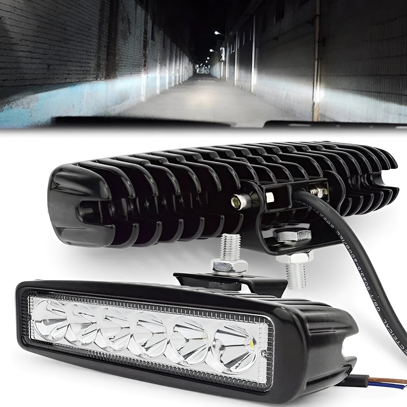 Black die-cast aluminium car auxiliary spotlight with six LEDs for off-road and night driving.
