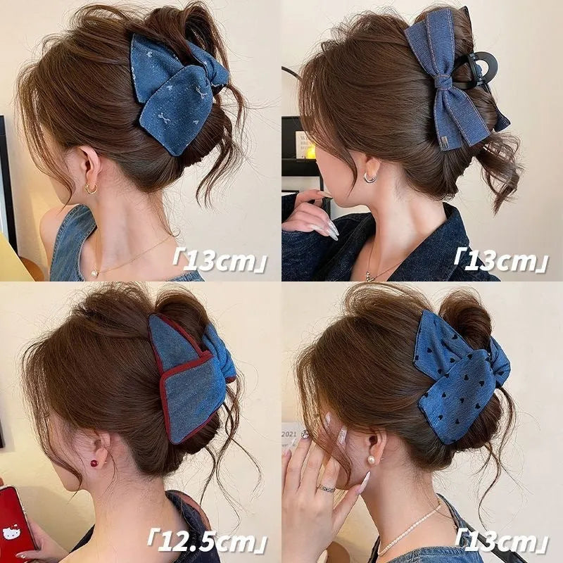 Handmade plastic hairpin with fabric and acrylic decorative elements and triangular grip