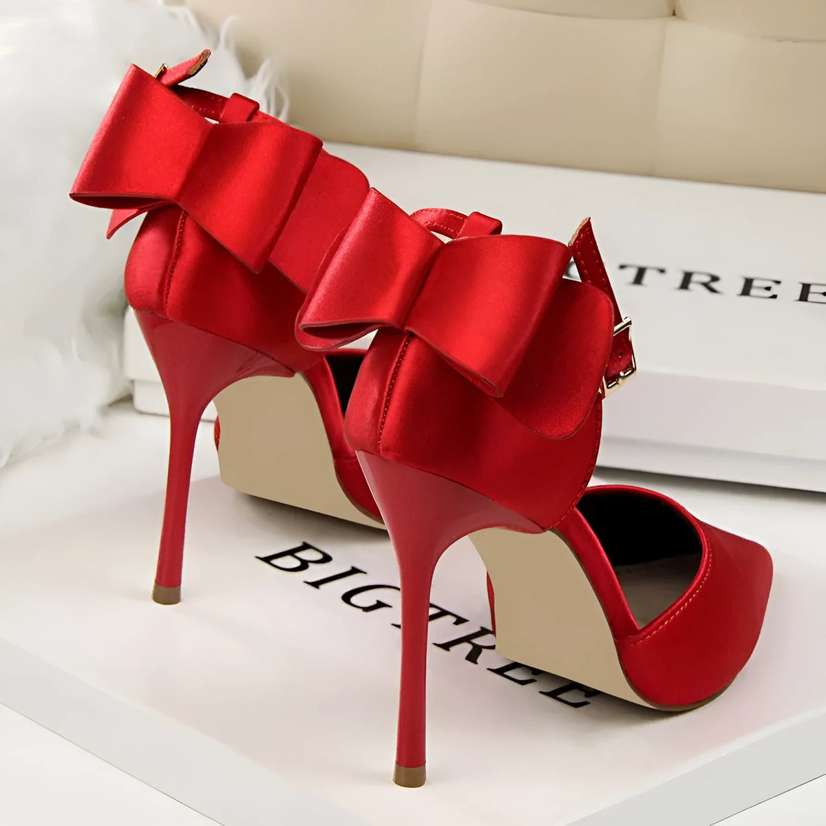 High heel stiletto wedding shoes with pointed toe, ankle strap, buckle closure, artificial PU upper and rubber sole.